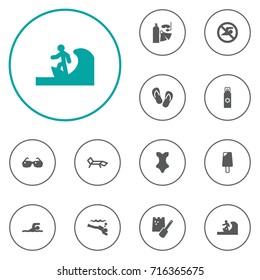 Set Of 12 Seaside Icons Set.Collection Of Surfing, Diver, Flip Flop And Other Elements.