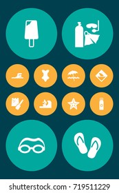 Set Of 12 Seaside Icons Set.Collection Of Game, Starfish, Flip Flop And Other Elements.
