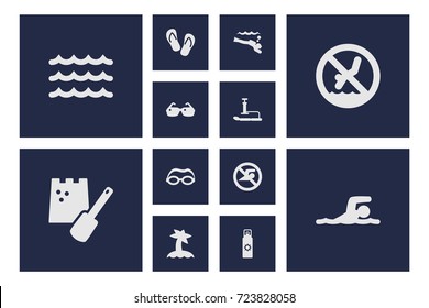 Set Of 12 Seaside Icons Set.Collection Of Scuba Diving, Inflating, Wave And Other Elements.