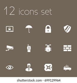 Set Of 12 Security Icons Set. Collection Of Surveillance, Walkie-Talkie, Security Man And Other Elements.