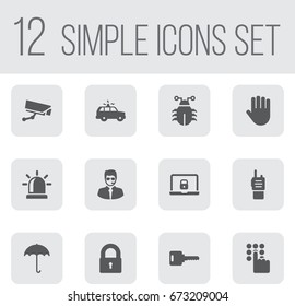 Set Of 12 Security Icons Set.Collection Of Camera, Remote, Alarm And Other Elements.