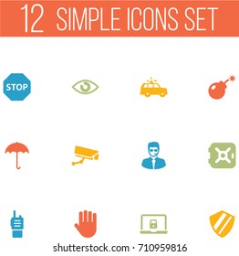 Set Of 12 Security Icons Set.Collection Of Walkie-Talkie, Security Man , Hand Elements.