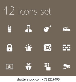 Set Of 12 Security Icons Set.Collection Of Walkie-Talkie, Dynamite, Strongbox And Other Elements.