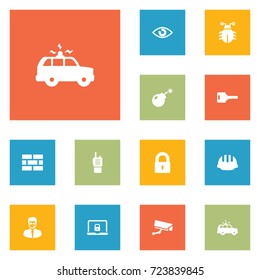 Set Of 12 Security Icons Set.Collection Of Patrol, Virus, Security Man And Other Elements.