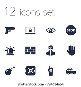 Set Of 12 Security Icons Set.Collection Of Look, Hand , Alarm Elements.