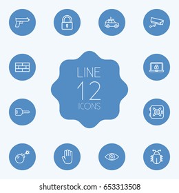 Set Of 12 Security Outline Icons Set.Collection Of Siren, Dynamite, Lock And Other Elements.