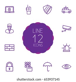 Set Of 12 Security Outline Icons Set.Collection Of Siren, Firewall, Walkie-Talkie And Other Elements.