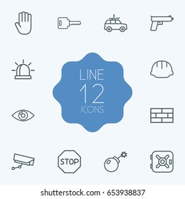 Set Of 12 Security Outline Icons Set.Collection Of Weapon, Safe, No Entry And Other Elements.