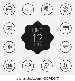 Set Of 12 Security Outline Icons Set.Collection Of Weapon, Open, Safe And Other Elements.