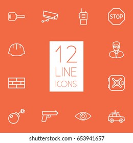 Set Of 12 Security Outline Icons Set.Collection Of Weapon, Walkie-Talkie, Dynamite And Other Elements.