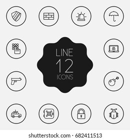 Set Of 12 Security Outline Icons Set.Collection Of Parasol, Weapon, Virus And Other Elements.