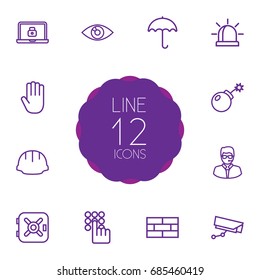 Set Of 12 Security Outline Icons Set.Collection Of Firewall, Bodyguard, Keypad And Other Elements.