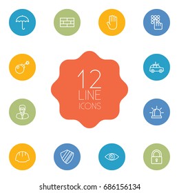 Set Of 12 Security Outline Icons Set.Collection Of Bodyguard, Helmet, Alarm And Other Elements.