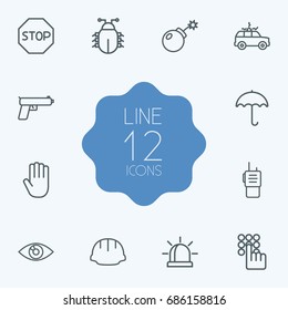 Set Of 12 Security Outline Icons Set.Collection Of No Entry, Keypad, Parasol And Other Elements.