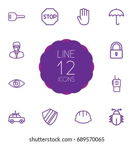 Set Of 12 Security Outline Icons Set.Collection Of Walkie-Talkie, Protection , Hand Elements.
