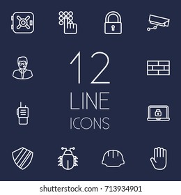 Set Of 12 Security Outline Icons Set.Collection Of Walkie-Talkie, Helmet, Hand Elements.