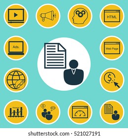 Set Of 12 SEO Icons. Can Be Used For Web, Mobile, UI And Infographic Design. Includes Elements Such As Brain, Pay, Client And More.