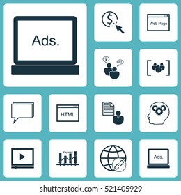 Set Of 12 SEO Icons. Can Be Used For Web, Mobile, UI And Infographic Design. Includes Elements Such As Creativity, Optimization, Code And More.