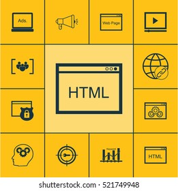 Set Of 12 SEO Icons. Can Be Used For Web, Mobile, UI And Infographic Design. Includes Elements Such As Protected, Marketing, Web And More.