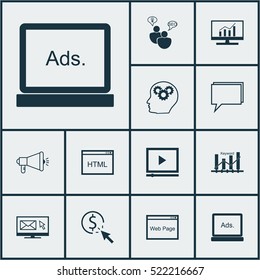 Set Of 12 SEO Icons. Can Be Used For Web, Mobile, UI And Infographic Design. Includes Elements Such As Online, Ranking, Community And More.