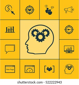 Set Of 12 SEO Icons. Can Be Used For Web, Mobile, UI And Infographic Design. Includes Elements Such As Focus, Brain, Web And More.