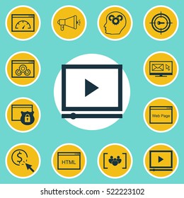 Set Of 12 SEO Icons. Can Be Used For Web, Mobile, UI And Infographic Design. Includes Elements Such As Viral, Creativity, Digital And More.