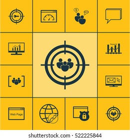Set Of 12 SEO Icons. Can Be Used For Web, Mobile, UI And Infographic Design. Includes Elements Such As Group, Website, Dynamics And More.