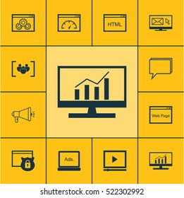 Set Of 12 SEO Icons. Can Be Used For Web, Mobile, UI And Infographic Design. Includes Elements Such As Conference, Protected, Target And More.