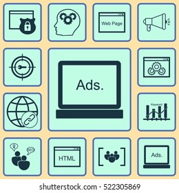 Set Of 12 SEO Icons. Can Be Used For Web, Mobile, UI And Infographic Design. Includes Elements Such As Digital, Research, Focus And More.