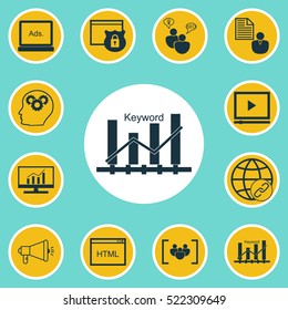 Set Of 12 SEO Icons. Can Be Used For Web, Mobile, UI And Infographic Design. Includes Elements Such As Comprehensive, Matching, Client And More.
