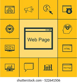 Set Of 12 SEO Icons. Can Be Used For Web, Mobile, UI And Infographic Design. Includes Elements Such As Marketing, Code, Click And More.