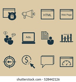 Set Of 12 SEO Icons. Can Be Used For Web, Mobile, UI And Infographic Design. Includes Elements Such As Security, Keyword Marketing, Loading Speed And More.