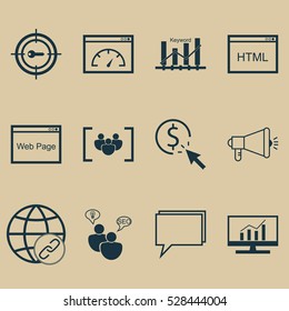 Set Of 12 SEO Icons. Can Be Used For Web, Mobile, UI And Infographic Design. Includes Elements Such As Search Optimization, Media Campaign, Conference And More.