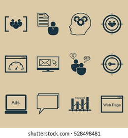 Set Of 12 SEO Icons. Can Be Used For Web, Mobile, UI And Infographic Design. Includes Elements Such As Digital Media, Website, Keyword Marketing And More.
