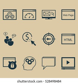 Set Of 12 SEO Icons. Can Be Used For Web, Mobile, UI And Infographic Design. Includes Elements Such As Intellectual Process, Newsletter, PPC And More.