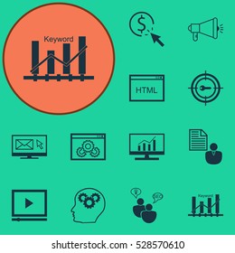 Set Of 12 SEO Icons. Can Be Used For Web, Mobile, UI And Infographic Design. Includes Elements Such As Keyword Optimisation, Intellectual Process, Keyword Marketing And More.
