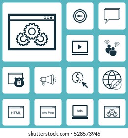 Set Of 12 SEO Icons. Can Be Used For Web, Mobile, UI And Infographic Design. Includes Elements Such As Conference, Search Optimization, Video Player And More.