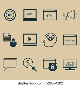 Set Of 12 SEO Icons. Can Be Used For Web, Mobile, UI And Infographic Design. Includes Elements Such As Video Player, Report, Digital Media And More.