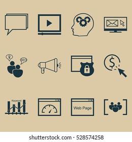 Set Of 12 SEO Icons. Can Be Used For Web, Mobile, UI And Infographic Design. Includes Elements Such As Loading Speed, Search Optimization, Website And More.