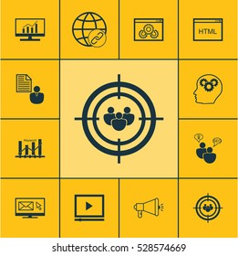 Set Of 12 SEO Icons. Can Be Used For Web, Mobile, UI And Infographic Design. Includes Elements Such As Market Research, Keyword Optimisation, Focus Group And More.