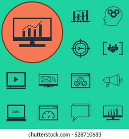 Set Of 12 SEO Icons. Can Be Used For Web, Mobile, UI And Infographic Design. Includes Elements Such As Keyword Marketing, Keyword Optimisation, Digital Media And More.