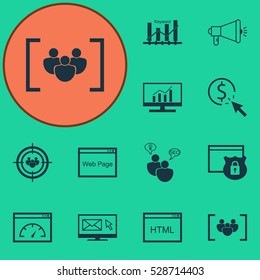 Set Of 12 SEO Icons. Can Be Used For Web, Mobile, UI And Infographic Design. Includes Elements Such As Security, Questionnaire, Market Research And More.