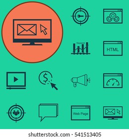 Set Of 12 SEO Icons. Includes Web Page Performance, Keyword Marketing, Focus Group And Other Symbols. Beautiful Design Elements.