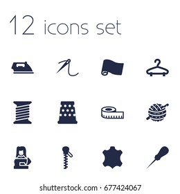 Set Of 12 Sewing Icons Set.Collection Of Fastener, Spool, Bodkin And Other Elements.