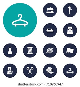 Set Of 12 Sewing Icons Set.Collection Of Evening Gown, Knitting, Fastener And Other Elements.