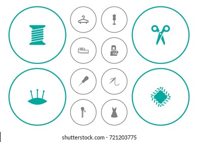 Set Of 12 Sewing Icons Set.Collection Of Meter, Evening Gown, Pins And Other Elements.