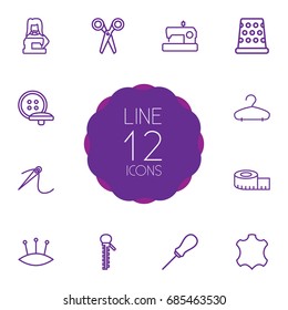 Set Of 12 Sewing Outline Icons Set.Collection Of Needle, Awl, Scissors And Other Elements.