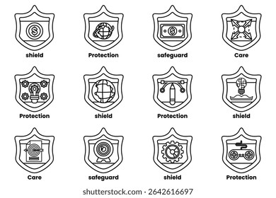 Um conjunto de 12 escudos com diferentes desenhos e palavras. Os escudos estão dispostos em uma grade e são todos brancos
