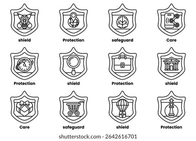 A set of 12 shields with various symbols and words on them. The shields are arranged in a grid, with each one having a different design and message