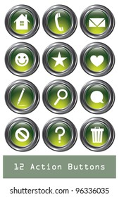 A set of 12 shiny green action buttons with metallic borders.